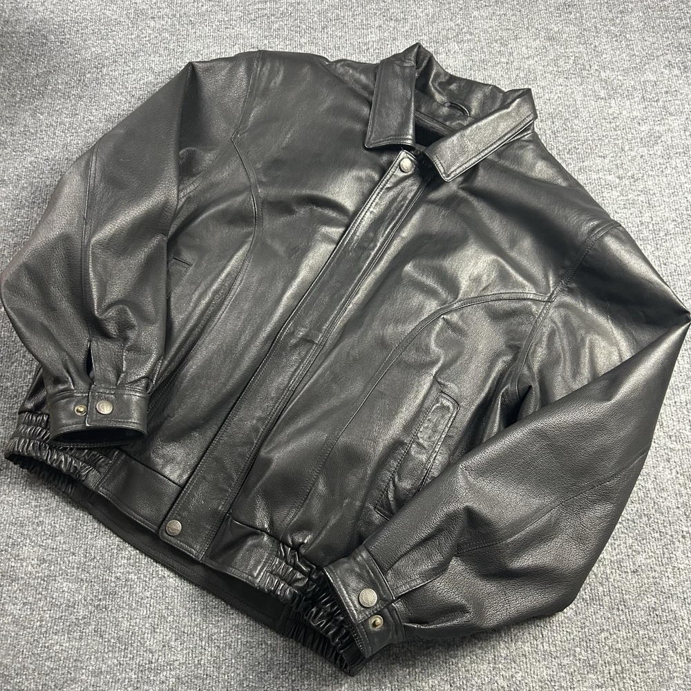 Oscar Piel Jacket Mens 2XL Black Leather Bomber Faux Fur Lined Zip Pockets